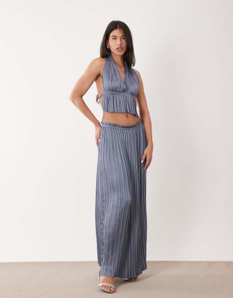 Aria Cove plisse frill waist detail maxi skirt co-ord in blue - view 1