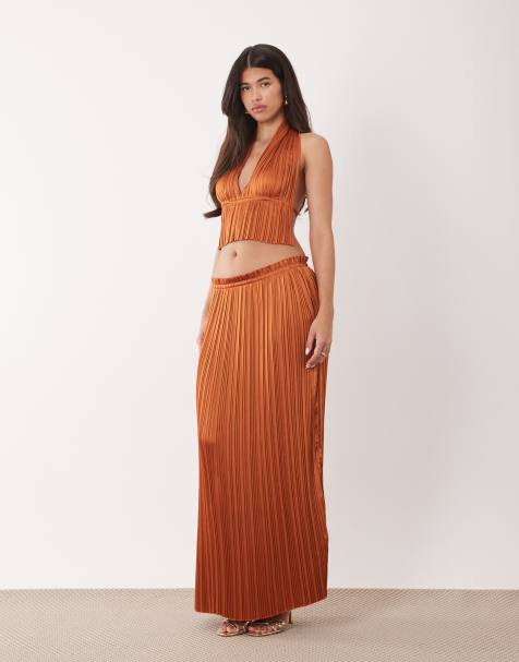 Aria Cove plisse frill waist detail maxi skirt in orange (part of a set) - view 1