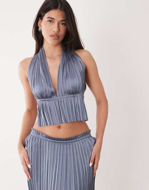 Aria Cove plissé halterneck plunge neck open tie back top in blue - part of a set - view 1