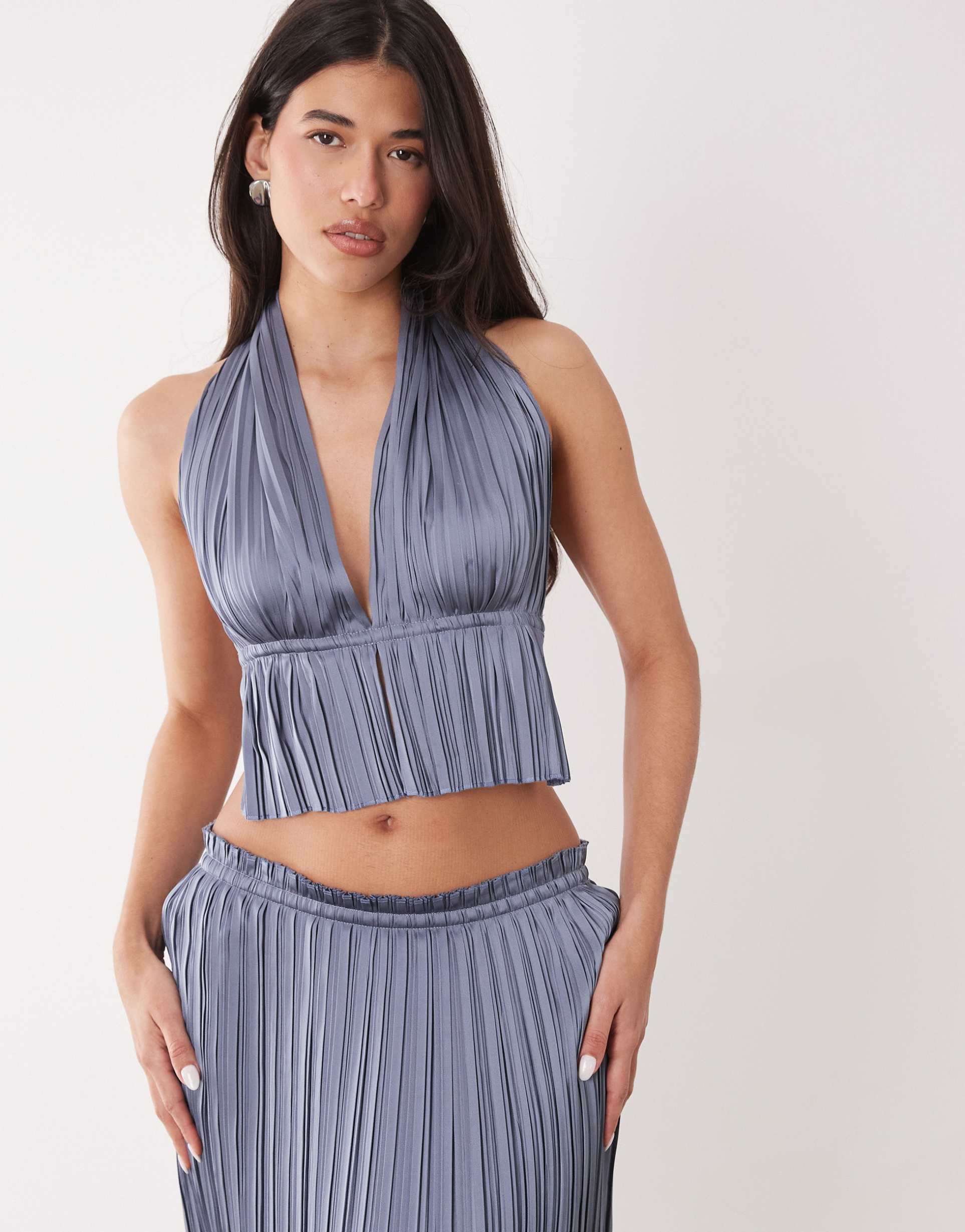 aria cove plissé halterneck plunge neck open tie back top in blue - part of a set