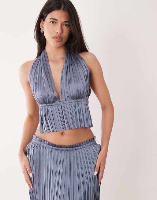 Aria Cove plisse halterneck plunge open tie back top co-ord in blue, 2 of 5