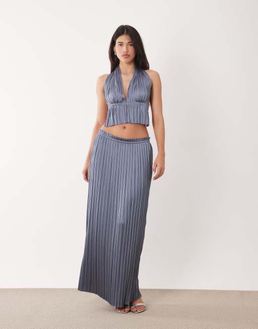 Aria Cove plisse halterneck plunge open tie back top co-ord in blue, 4 of 5