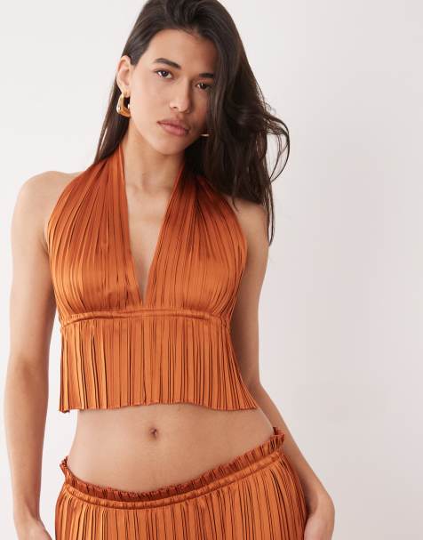 Aria Cove plisse halterneck plunge open tie back top in orange (part of a set) - view 1