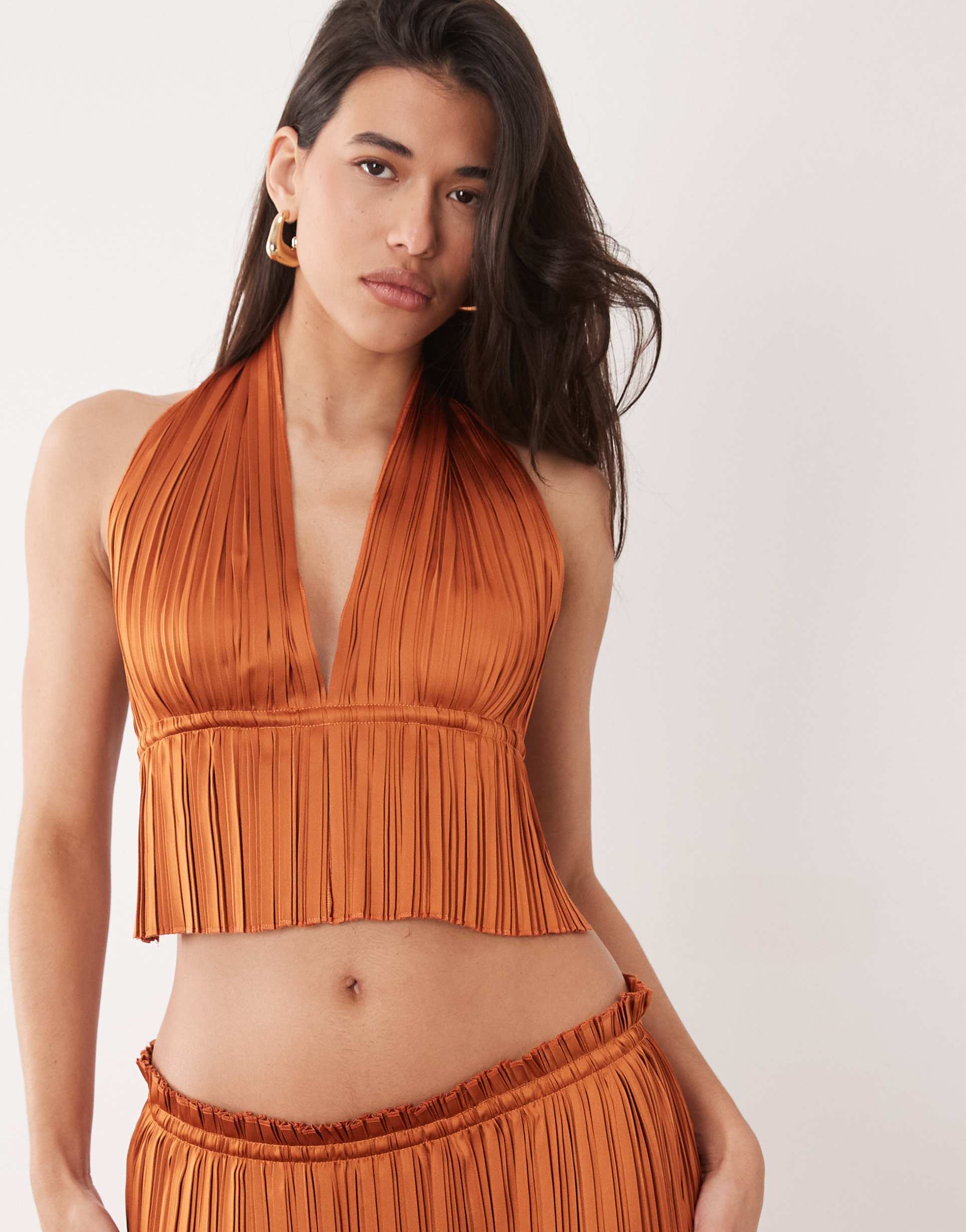 aria cove plisse halterneck plunge open tie back top in orange - part of a set