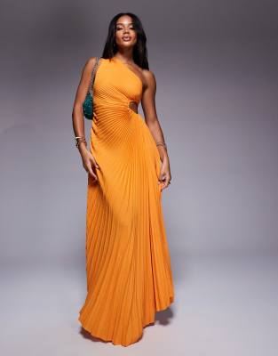 Aria Cove - Plissee-Maxikleid in Orange mit One-Shoulder-Träger und Zierausschnitt