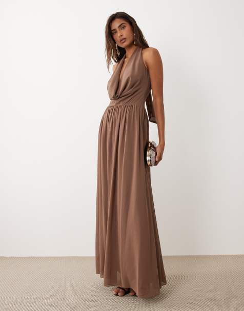 Aria Cove plunge cowl neck wrap scarf detail maxi dress in mocha - view 1