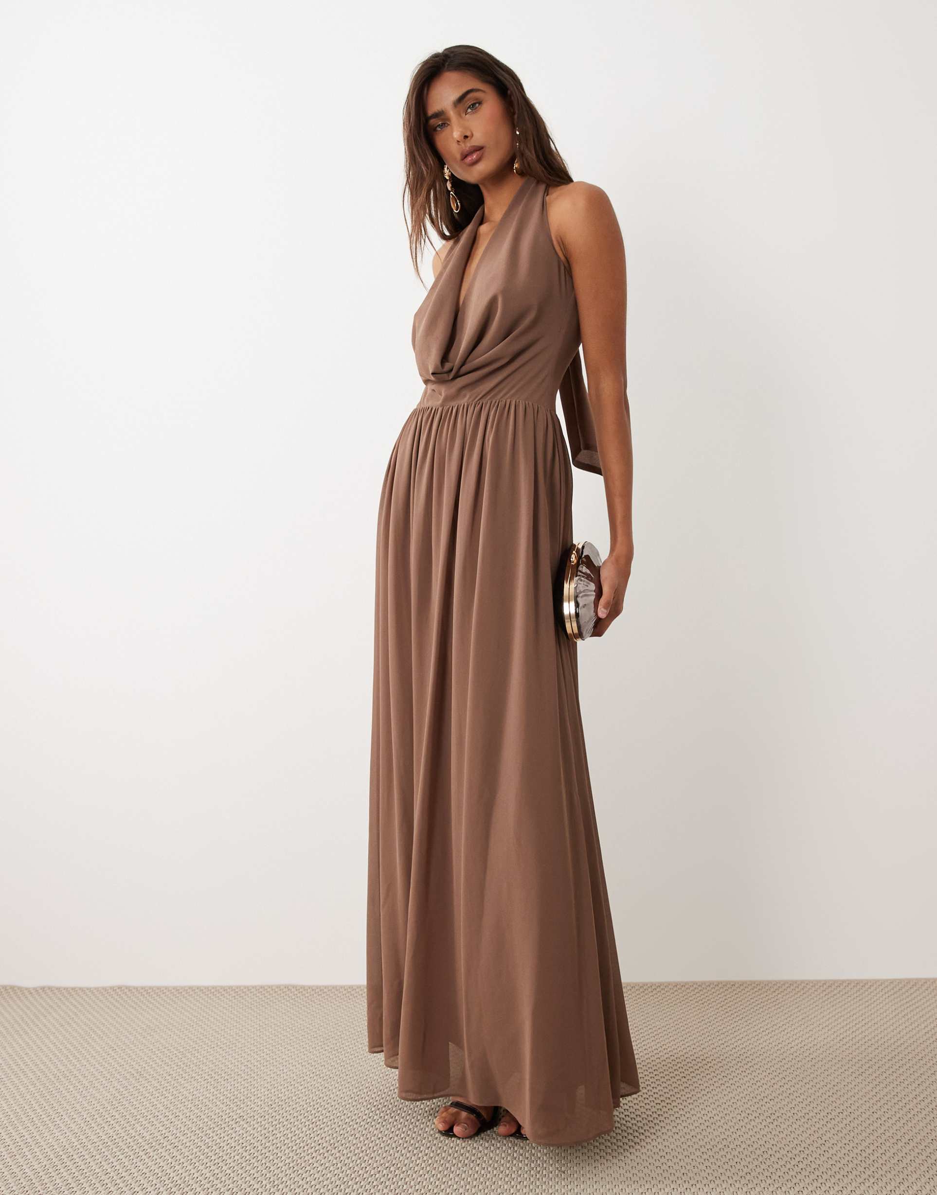 aria cove plunge cowl neck wrap scarf detail maxi dress in mocha