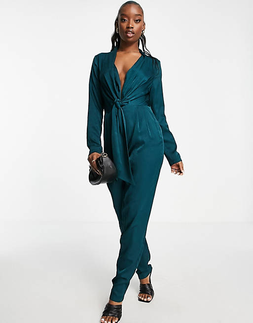 Women Aria Cove plunge front drape detail jumpsuit in emerald green 
