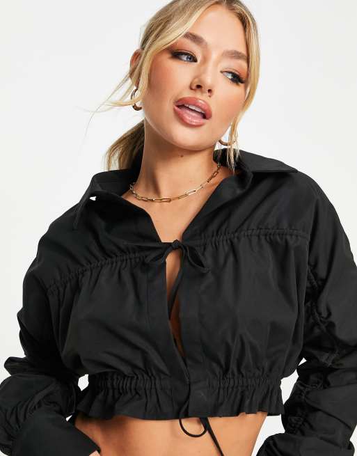 Black ruffle store sleeve crop top