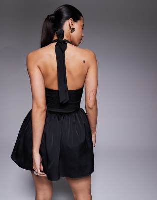 Aria Cove Plunge Halterneck Corset Detail Skater Mini Dress In Black