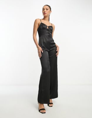 Aria Cove Plunge Satin Cut-out Bust Detail Wide Leg Jumpsuit In