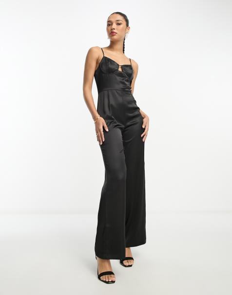 Jaded Rose Petite satin corset jumpsuit in black