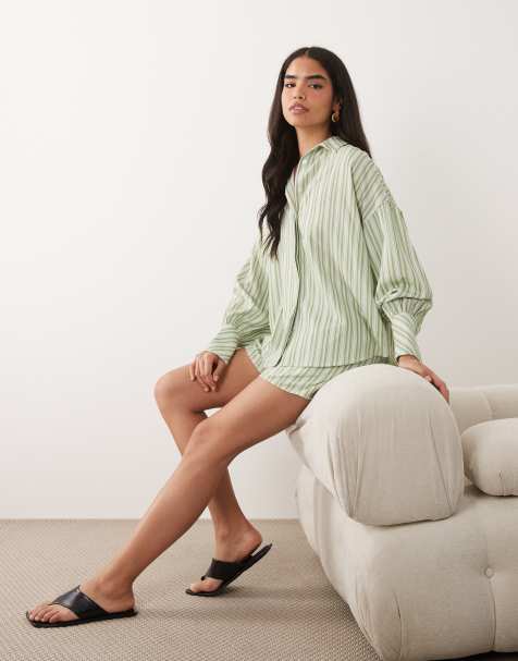 Aria Cove pocket front deep cuff oversized shirt in green stripes - part of a set - view 1