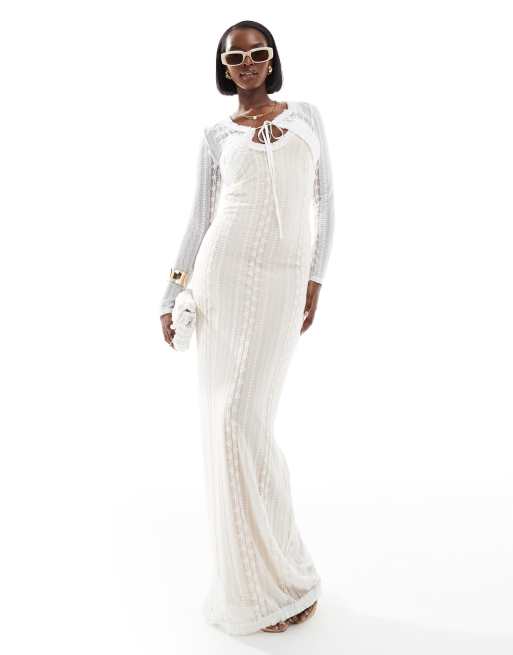 Aria Cove - Pointelle gebreide maxi-jurk met cropped vestje in wit