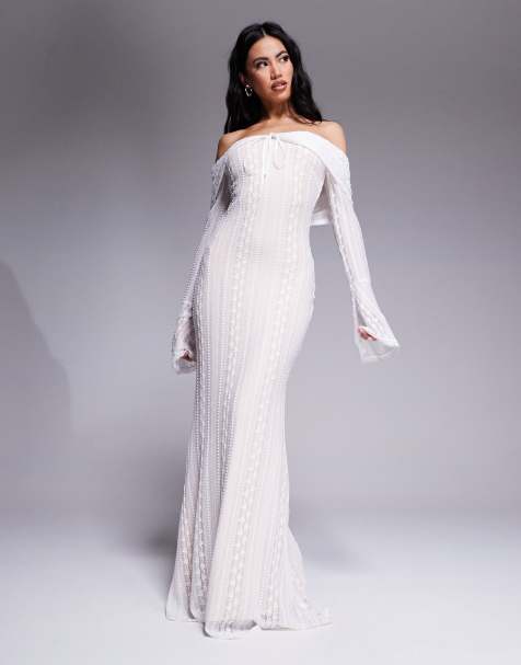 Aria Cove pointelle knit bardot flare sleeve maxi dress in white - view 1
