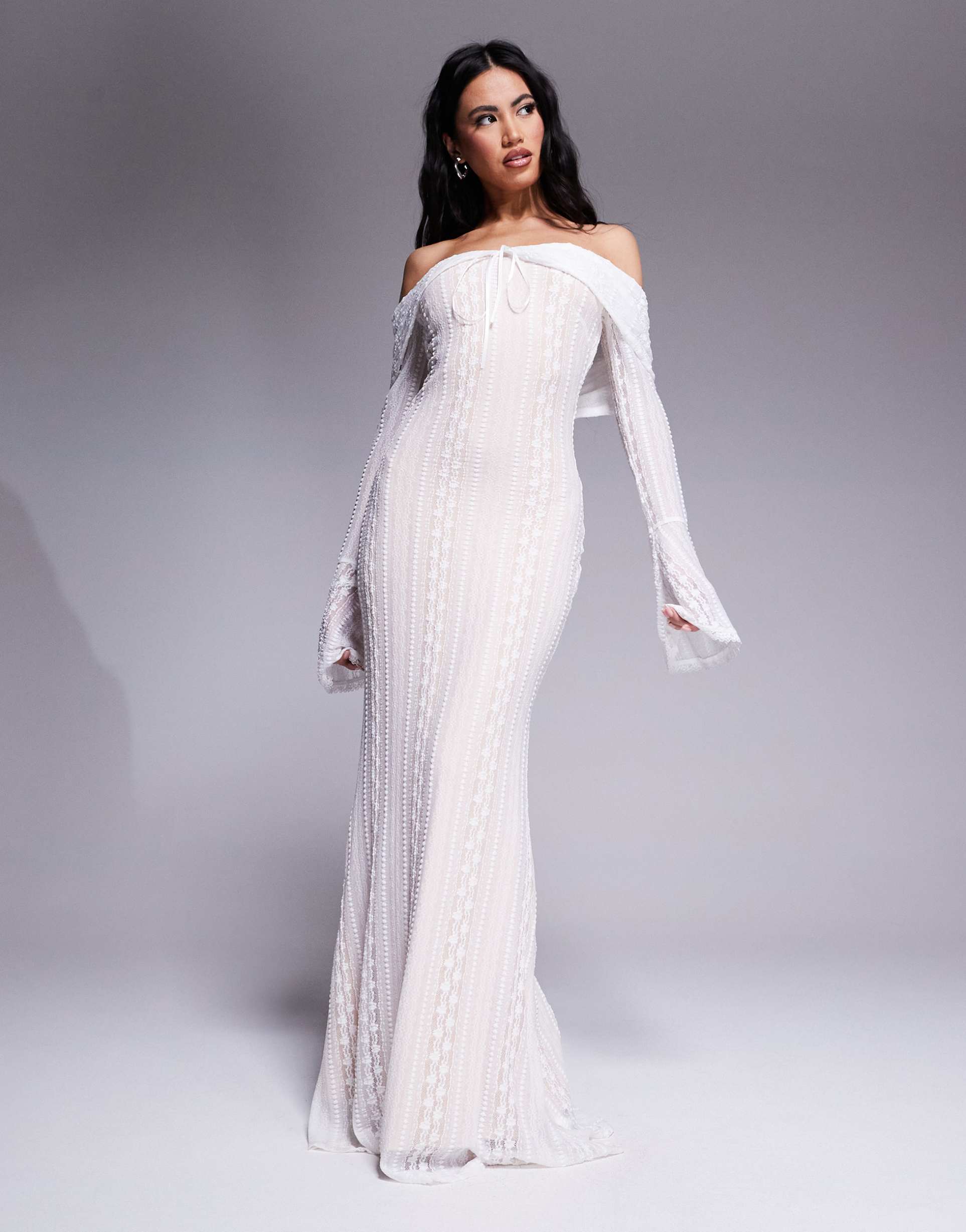 aria cove pointelle knit bardot flare sleeve maxi dress in white