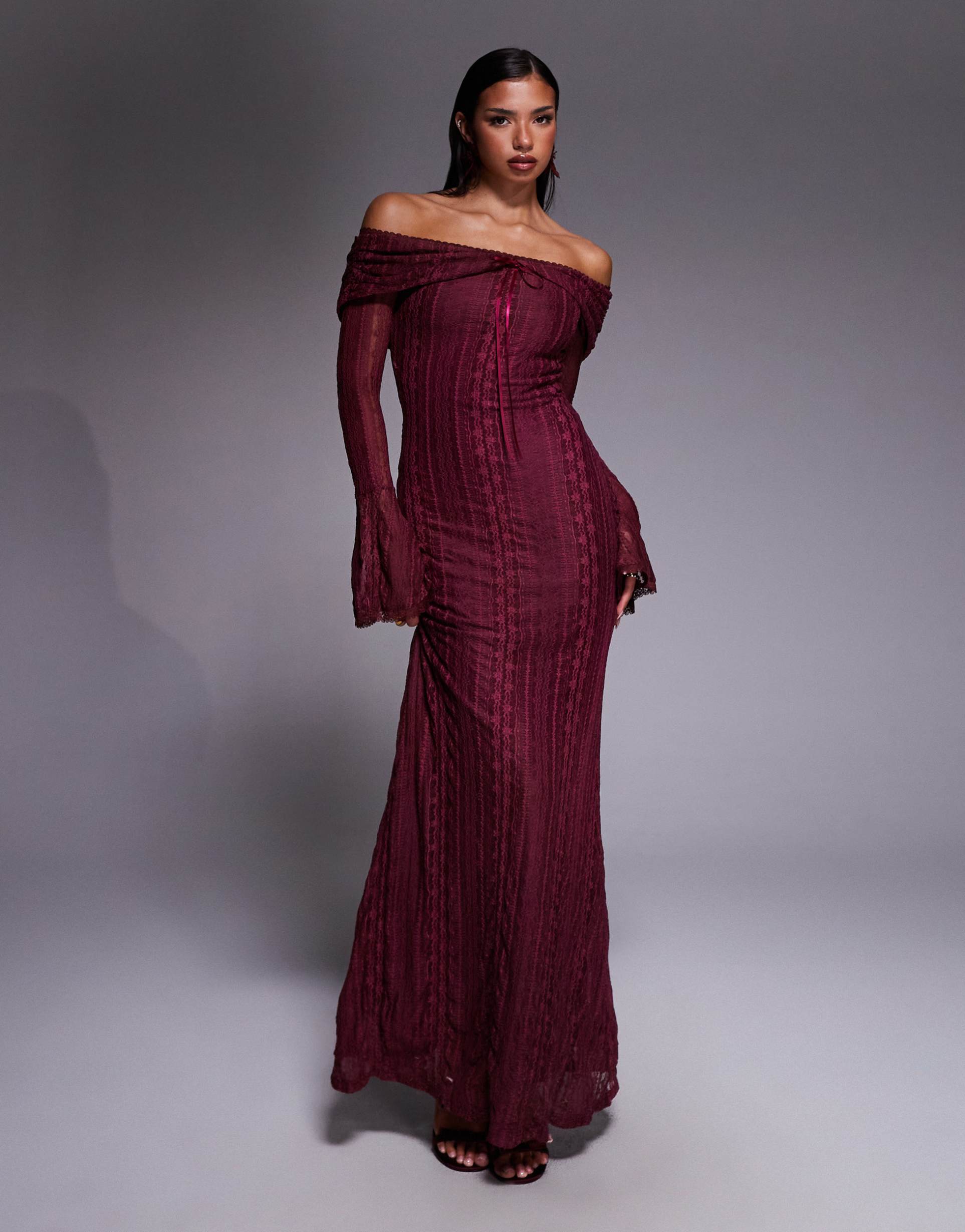 aria cove pointelle knit off the shoulder flare sleeve maxi dress in plum