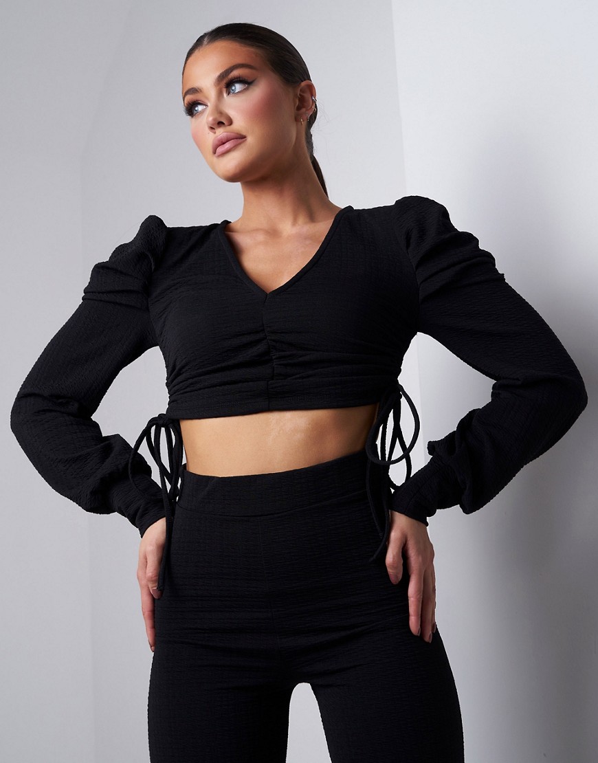 Aria Cove recycled plunge front ruched detail volume sleeve crop top in black
