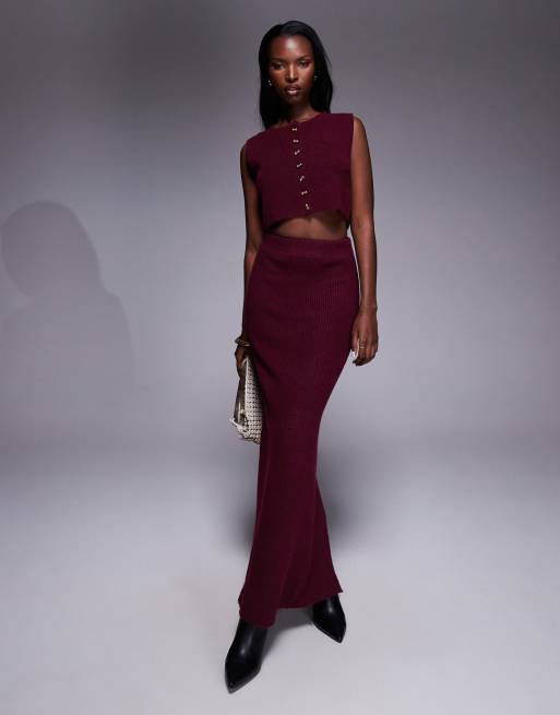 Aria Cove rib knit back slit maxi skirt and rib knit cropped vest set in burgundy