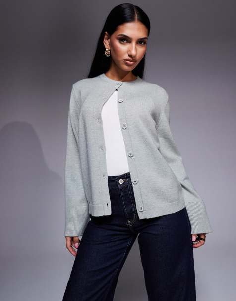 Aria Cove ribbed deep wide cuff cardigan in light grey marl