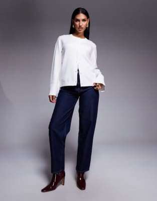 Aria Cove Ribbed Deep Wide Cuffs Cardigan In White
