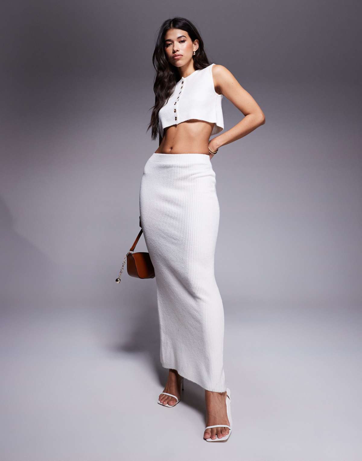 Aria Cove ribbed knit back split maxi skirt co-ord in cream