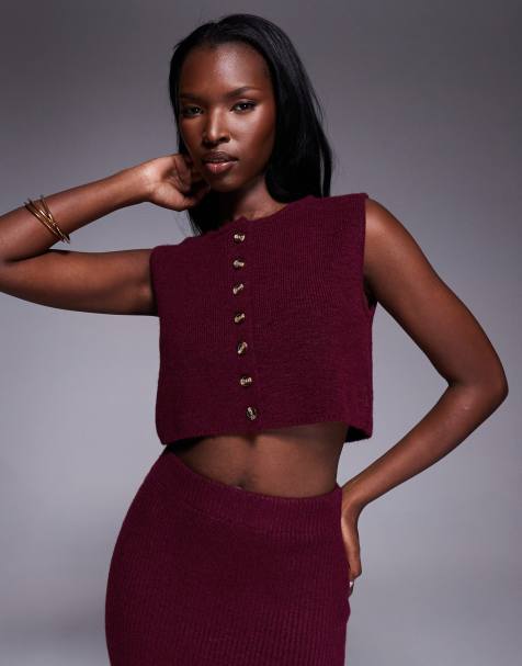 Aria Cove ribbed knit cropped button through sleeveless waistcoat co-ord in burgundy - view 1