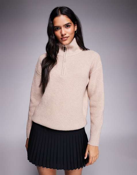 Aria Cove ribbed knit funnel neck 3/4 zip jumper in oat