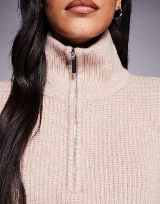 Aria Cove ribbed knit funnel neck 3/4 zip sweater in oat, 2 of 4