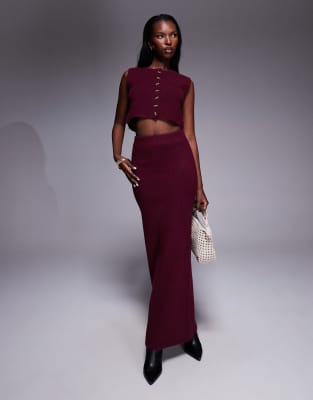 Aria Cove Aria Cove ribbed knit high waisted back split maxi skirt co-ord in burgundy-Red