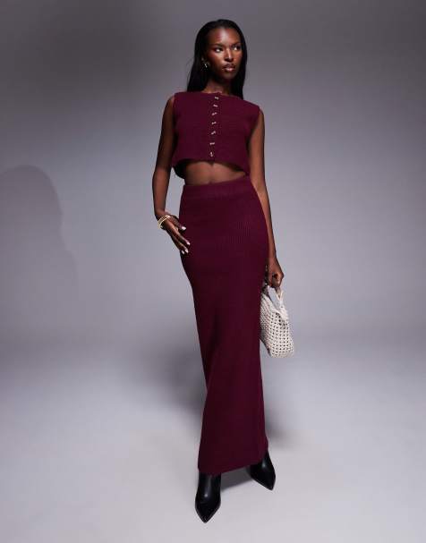 Aria Cove ribbed knit high waisted back split maxi skirt co-ord in burgundy - view 1