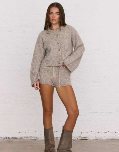 Aria Cove ribbed knit tie waist shorts co-ord in camel - view 1