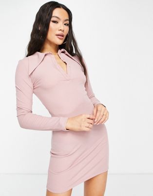 Aria Cove ribbed oversized button collar detail mini dress in pink
