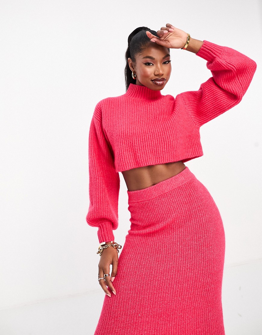 Aria Cove ribbed roll neck cropped jumper with volume sleeve co-ord in pink