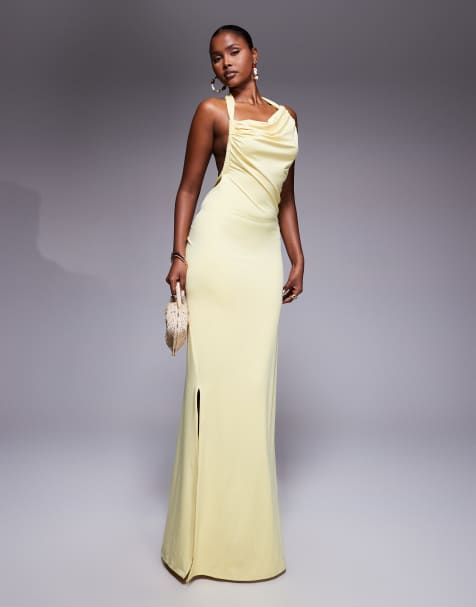 Aria Cove - Robe asymétrique double épaisseur coupe près du corps à dos nu échancré torsadé - Jaune - view 1