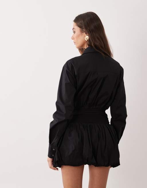 Aria Cove - Robe chemise courte à taille ajustée et ourlet boule - Noir, 3 de 4