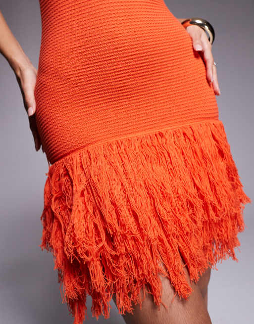 Aria Cove - Robe courte de plage sans manches en maille crochetée avec ourlet à franges - Orange, 3 de 4