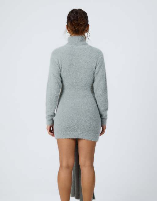 Aria Cove - Robe courte drapée et nouée devant en maille duveteuse avec col roulé - Gris, 2 de 4