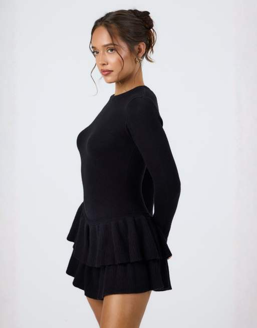 Aria Cove - Robe courte en maille à manches longues et jupe plissée - Noir, 4 de 4