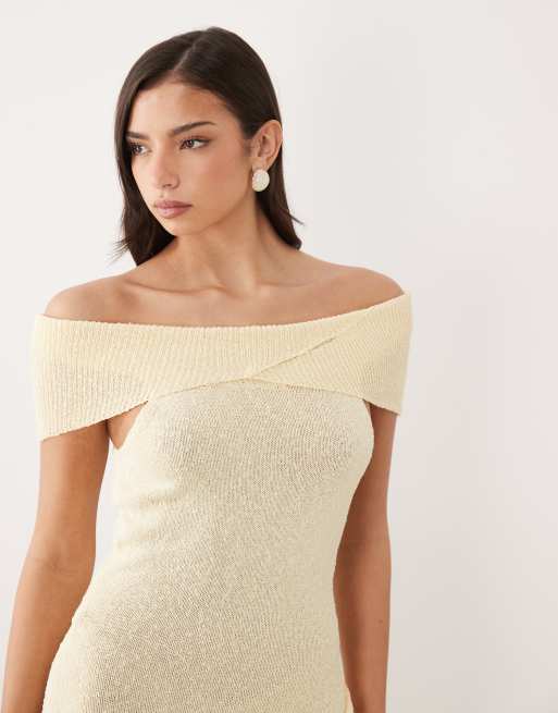 Aria Cove - Robe courte en maille bouclée effet drapé avec nœud torsadé à encolure Bardot - Jaune, 4 de 4