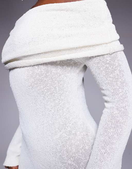 Aria Cove - Robe courte en maille texturée bouclée avec encolure Bardot froncée rabattue - Blanc, 2 de 4