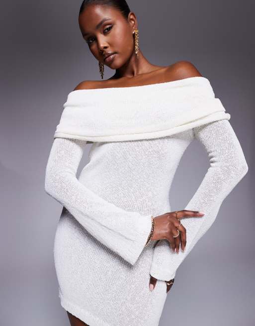 Aria Cove - Robe courte en maille texturée bouclée avec encolure Bardot froncée rabattue - Blanc, 3 de 4