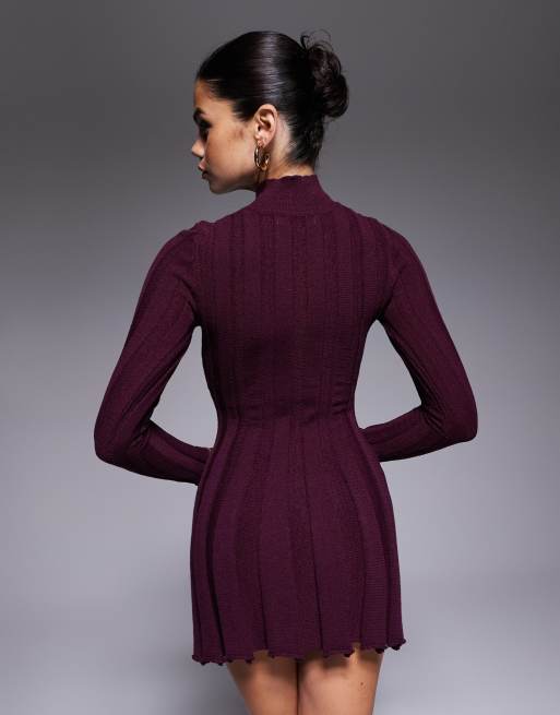 Aria Cove - Robe courte en maille volantée avec larges côtes et col montant - Bordeaux, 3 de 4