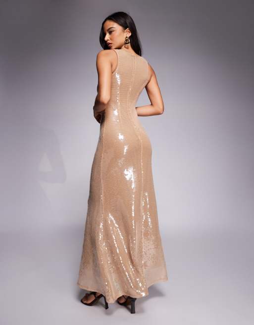 Aria Cove - Robe longue à sequins avec encolure dégagée et ourlet sirène - Beige, 3 de 4