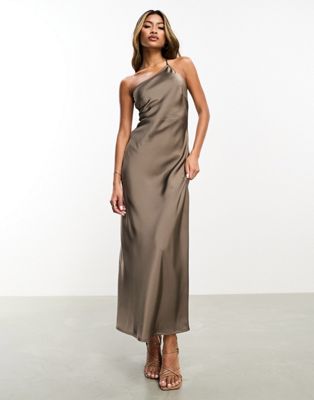 Aria Cove one shoulder low back satin maxi dress in mocha - ASOS Price Checker
