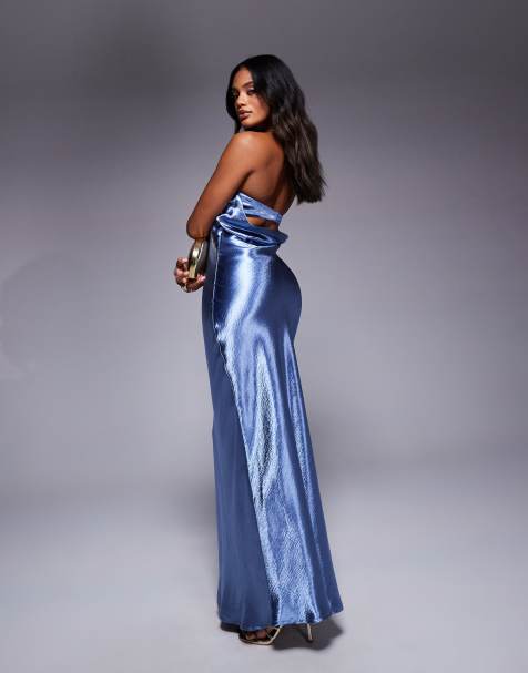 Aria Cove - Robe longue bandeau en satin martelé avec dos ouvert - Bleu - view 1