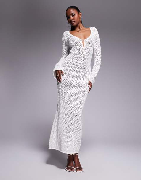 Aria Cove - Robe longue de plage à manches larges en crochet avec fermoirs perles - Blanc - view 1