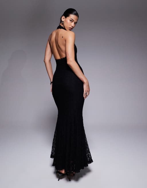 Aria Cove - Robe longue dos nu col licou plongeant en dentelle - Noir, 3 de 4