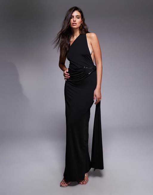 Aria Cove - Robe longue double épaisseur près du corps effet sculptant à dos nu avec ornement en métal et détail drapé froncé - Noir