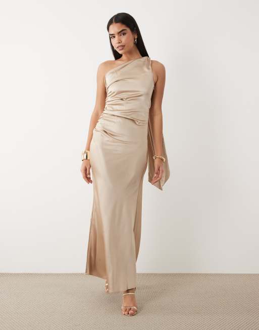 Aria Cove - Robe longue effet drapé en satin avec épaules torsadées - Champagne, 4 de 4